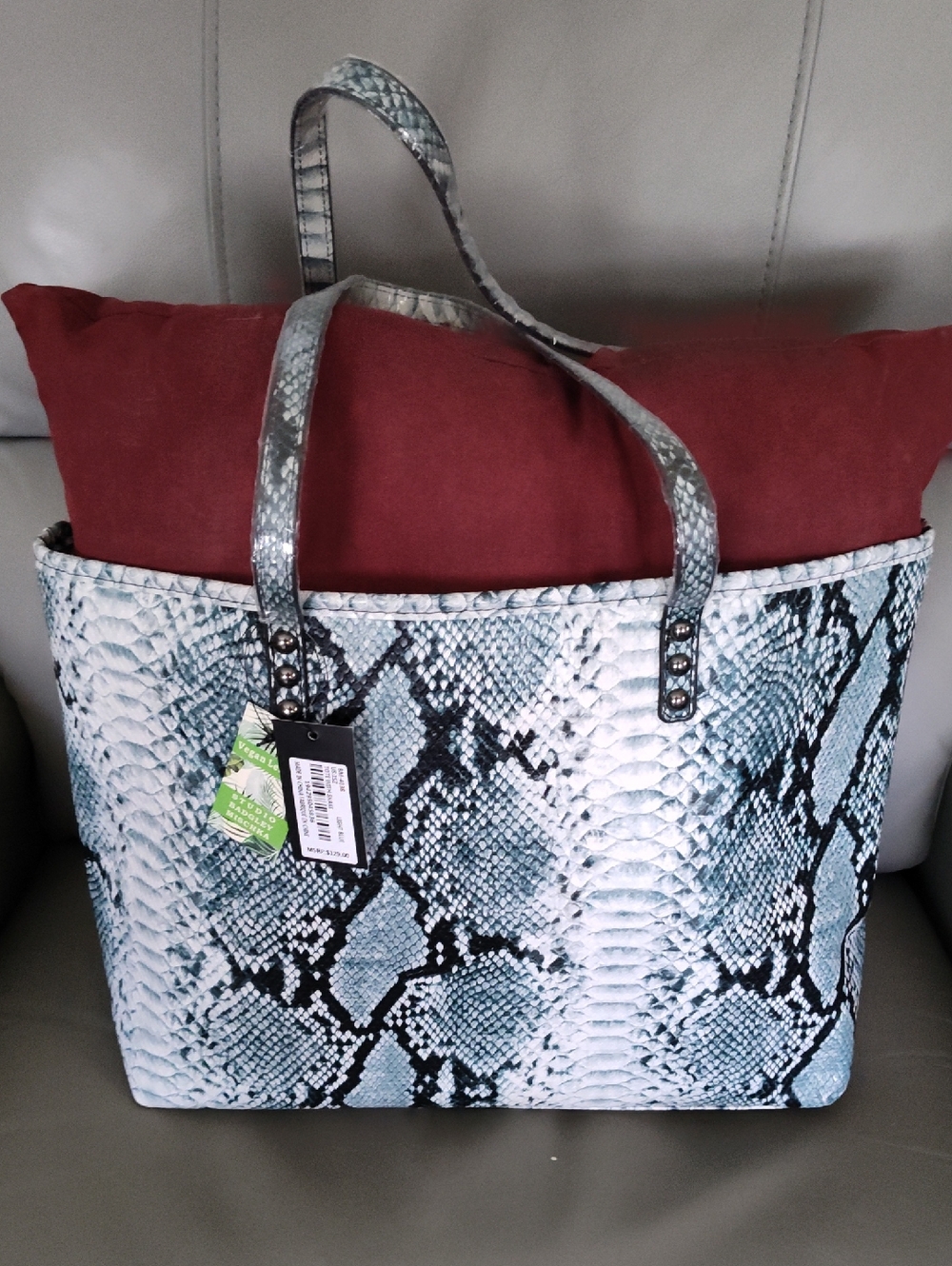 Bagley Mishka NWT Multicolor Snake-Print Tote Bag Vegan Leather, Purse Pillow - Picture 3 of 15